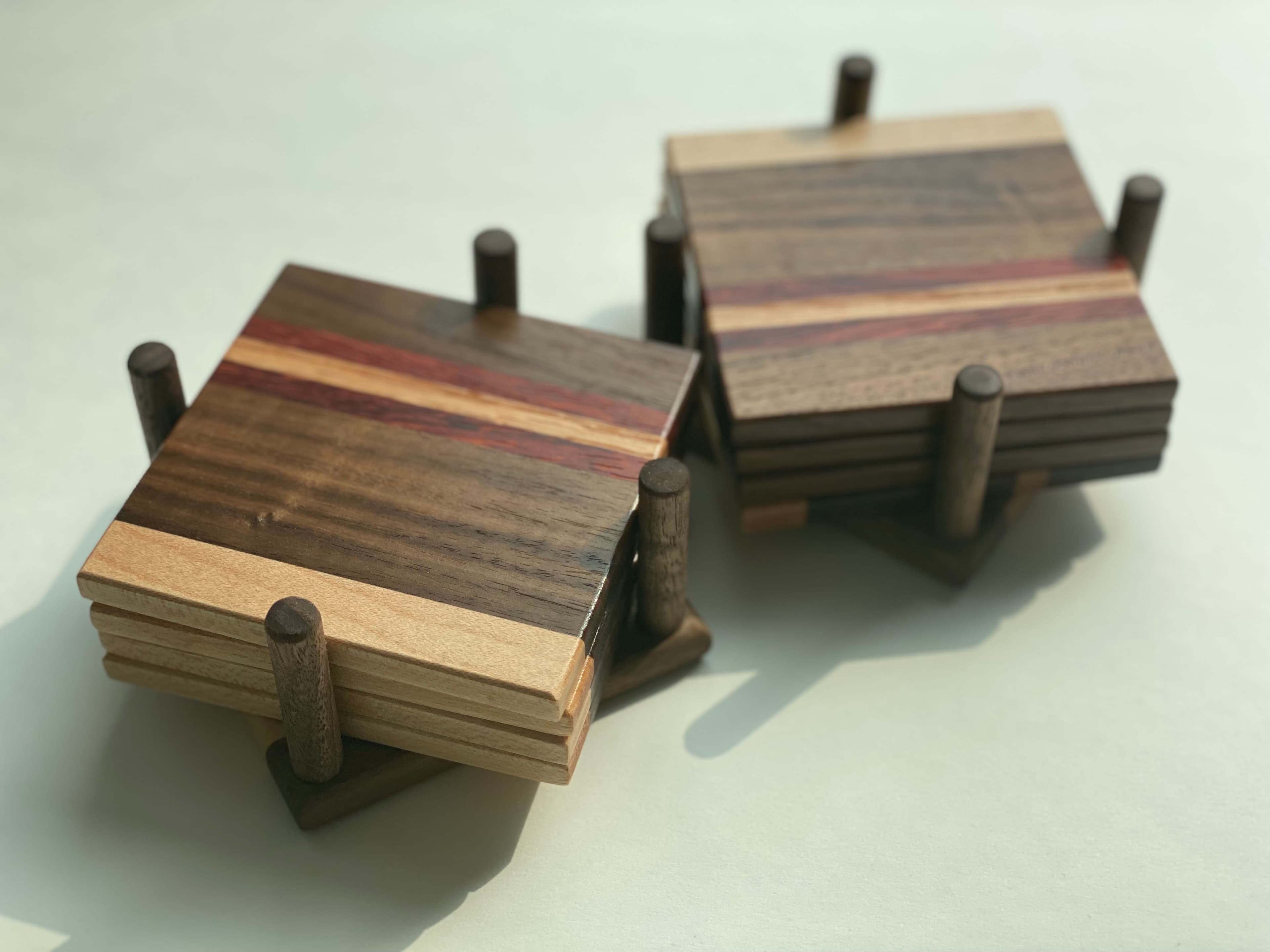 coasters · maple, walnut, purpleheart
